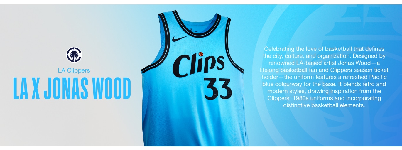 LA X JONAS WOOD. Celebrating the love of basketball that defines the city, culture, and organization. Designed by renowned LA-based artist Jonas Wood—a lifelong basketball fan and Clippers season ticket holder—the uniform features a refreshed Pacific blue colourway for the base. It blends retro and modern styles, drawing inspiration from the Clippers' 1980s uniforms and incorporating distinctive basketball elements.